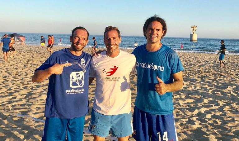 David perez (Left) Christian Marin (center) with Manu Sanchez (Right) at a Beach Soccer Practice in Marbella