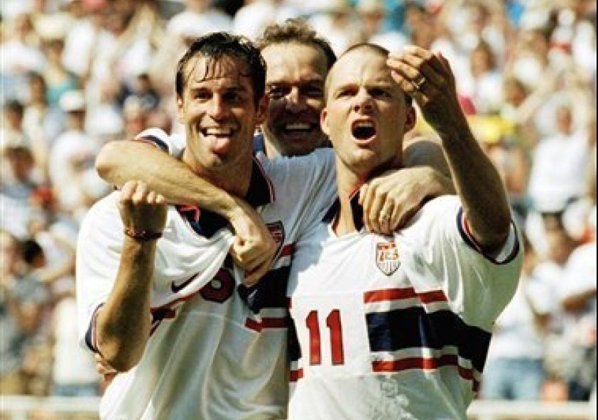 June 18, 1995. USA players, John Harkes (6), Thomas Dooley (middle) and Eric Wynalda (11) celebrate Wynalda’s goal against Mexico at RFK Stadium in Washington.